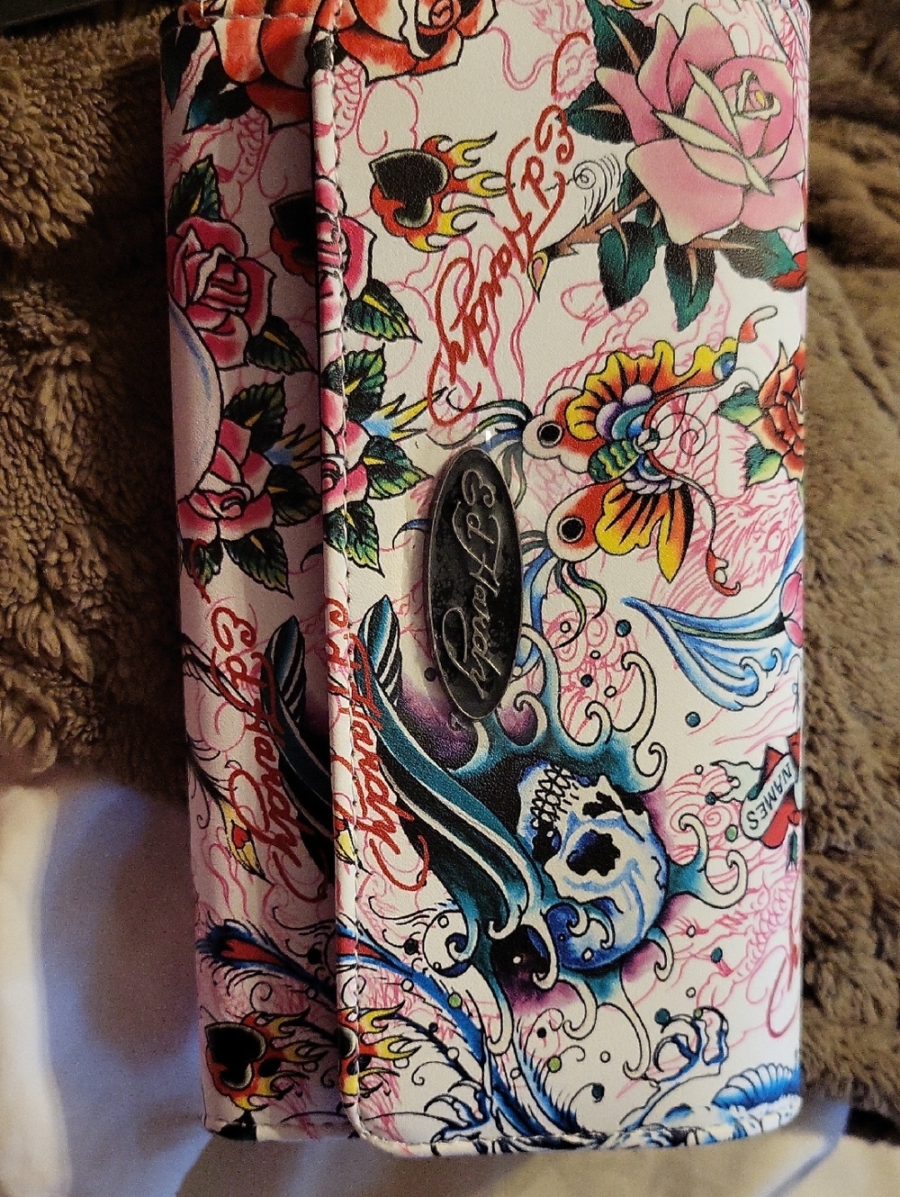 Ed Hardy White & Pink Tattoo-Inspired Skeleton Women’s Long Wallet Fold Out NWT